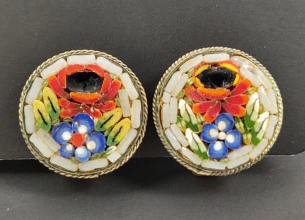 Vintage Italian Micromosaic Floral Clip Earrings Round Poppy Flower Italy Grand